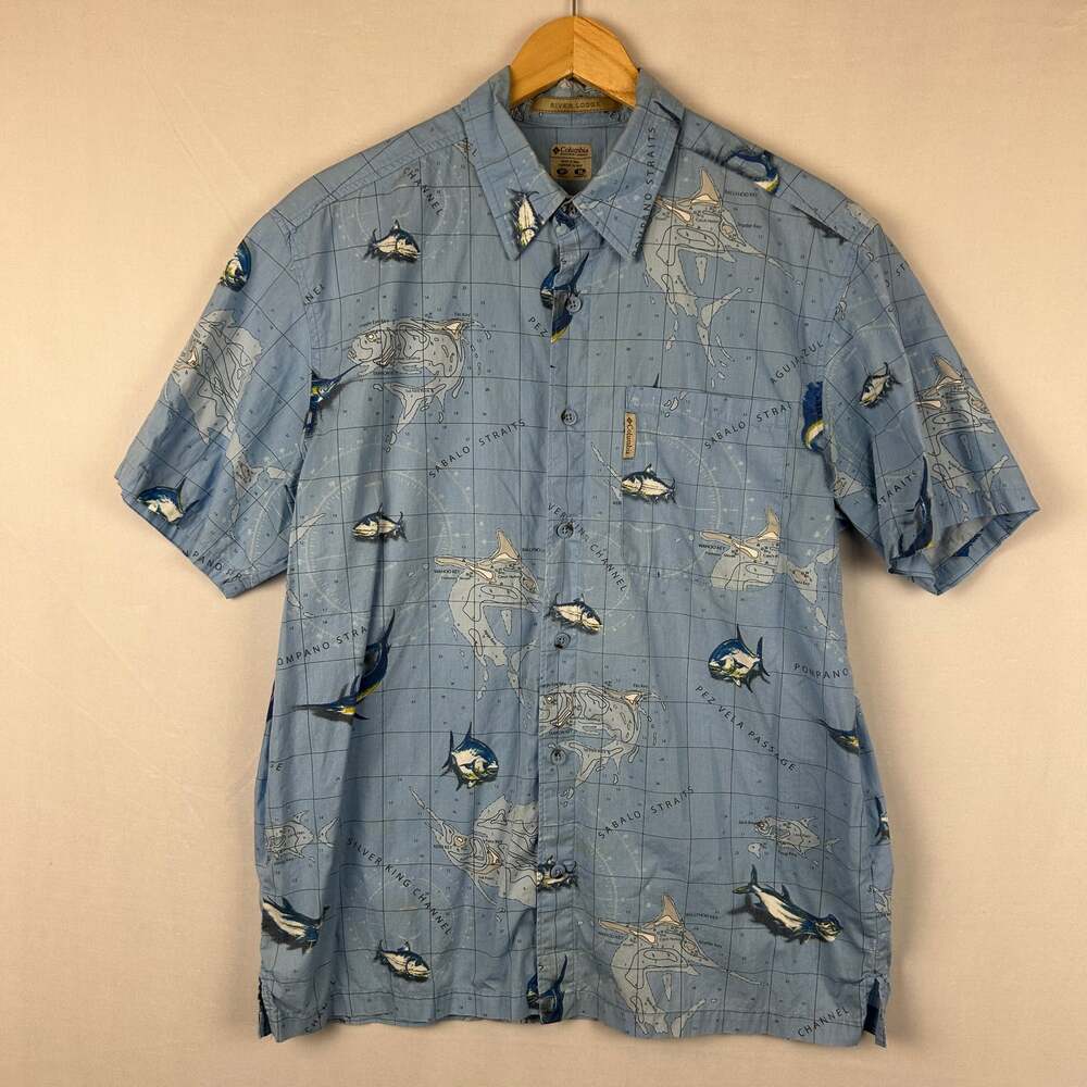 Columbia River Lodge Fishing Nautical Shirt Short Sleeve Blue FM7262 Mens Size M